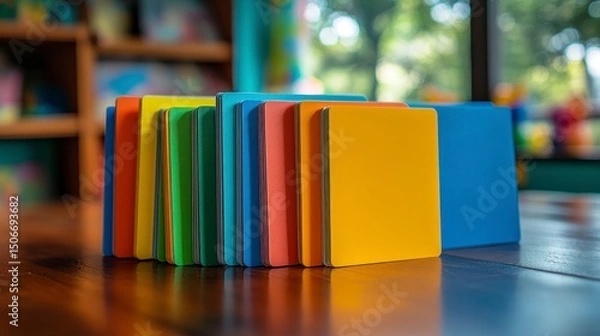 Fototapeta Colorful Stack of Square Cards on Wooden Table in Bright Room
