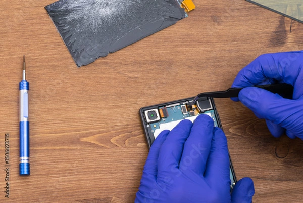 Fototapeta Using tweezers to repair and diagnose smartphone display