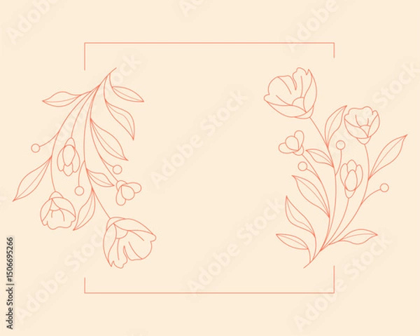 Fototapeta Floral and square hand drawn style. Floral brown frame of twigs, leaves and flowers. Frames for the Valentine's day, wedding decor, logo and identity template.
