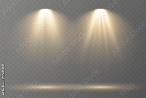 Fototapeta Realistic spotlights shine brightly on transparent background.
Soft projector beams reflect subtly on glossy floor.
Focused light rays create dramatic stage composition.
Concert lighting glows