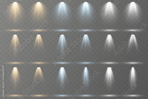 Fototapeta Stage spotlights emit strong white directional light beams.
Reflections add depth to spotlight scenes on floor.
Transparent allows seamless web or poster use.
Concert lighting set includes soft beams