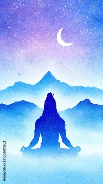 Fototapeta Watercolor-style close-up of Mahadev meditating on the Himalayas, soft cosmic light behind, crescent moon glowing on forehead, galaxy sky merging into mountain mist peaceful and divine  illustration