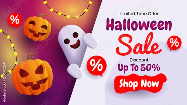 Obraz Halloween sale with pumpkins and a ghost.