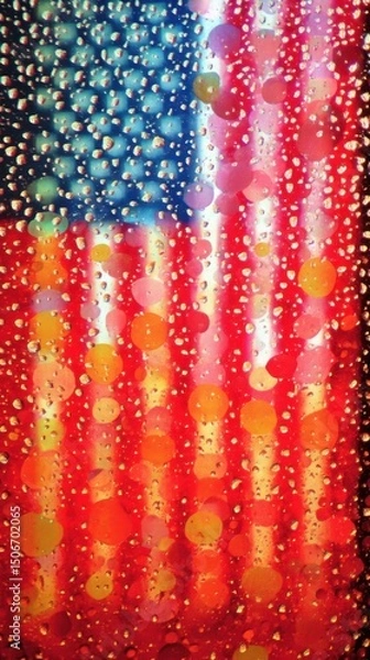 Fototapeta The American flag barely visible through a window covered in watercolor-painted raindrops. Light from behind creates a dreamy, blurred outline of the stars and stripes