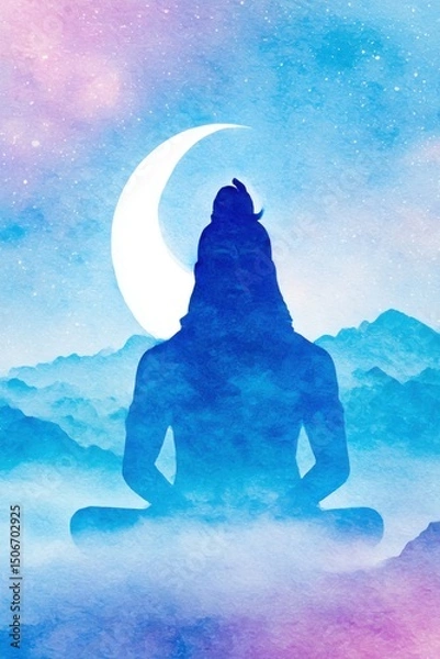 Fototapeta Watercolor-style close-up of Mahadev meditating on the Himalayas, soft cosmic light behind, crescent moon glowing on forehead, galaxy sky merging into mountain mist peaceful and divine illustration 
