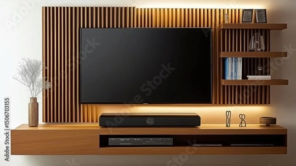 Fototapeta Wood-paneled living room w/ TV