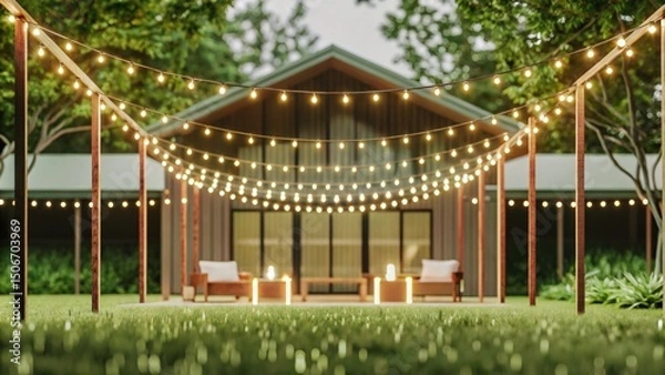 Obraz Modern outdoor space with string lights and a cozy seating area.
