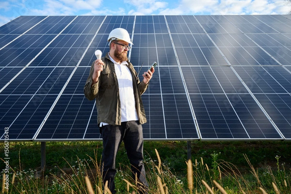 Obraz Engineer in uniform with protective helmet near solar station holding light bulb. Supervisor is checking on solar panels with smartphone on solar farm. Solar and renewable energy concept.