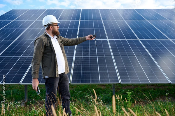 Obraz Engineer in uniform with protective helmet near solar station holding walkie talkie. Supervisor is checking on solar panels with radio station on solar farm. Solar and renewable energy concept.
