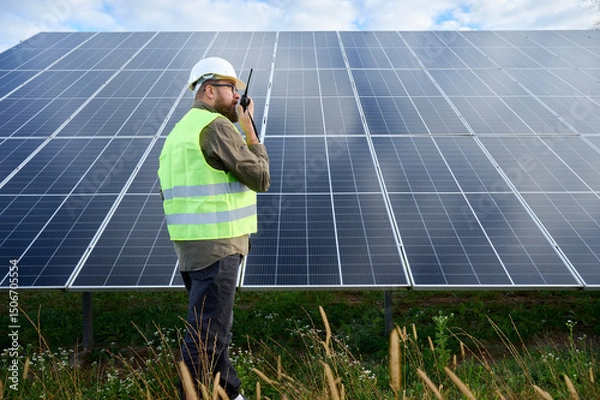 Obraz Engineer in uniform with protective helmet near solar station holding walkie talkie. Supervisor is checking on solar panels with radio station on solar farm. Solar and renewable energy concept.
