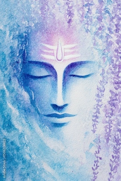 Fototapeta Shiv Ji face emerging from mountain mist, half-closed eyes, glowing forehead with a third eye radiating calm energy, pastel watercolor background of blues, whites, and floral lavender trails