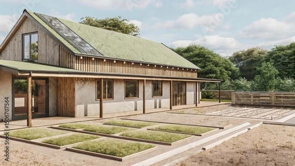 Obraz Modern house with a garden in a serene outdoor setting.