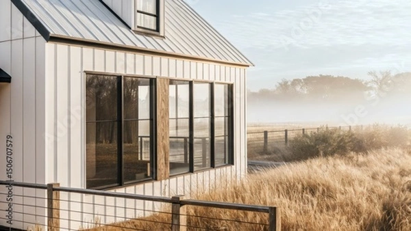 Obraz Modern farmhouse with large windows in a misty landscape.