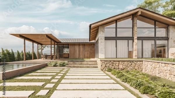 Obraz Modern house design with large windows and outdoor space.