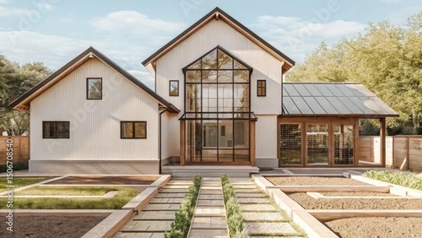 Obraz Modern house with large windows and landscaped garden.