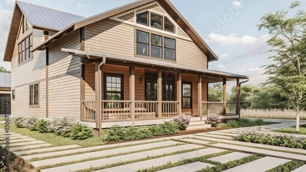 Obraz Modern wooden house with a landscaped yard and porch in a tranquil setting.