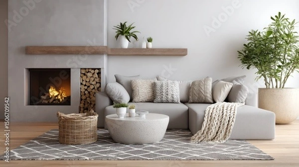 Obraz A serene living room with a contemporary fireplace as the focal point The soft gray sectional sofa is complemented by textured cushions