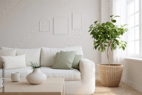 Obraz A serene living room with a white minimalist sofa and a soft green pillow, placed against a neutral wall adorned with three