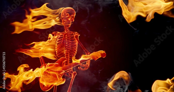 Fototapeta Scary burning skeleton playing rock guitar. 3D rendering and real fire flames