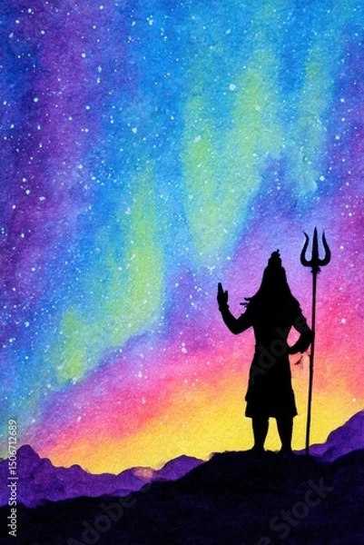 Fototapeta Lord Shiva standing peacefully beneath an aurora sky, Trishul in one hand, the other in a blessing gesture, watercolor stars and nebula clouds swirling behind him in vibrant galaxy tones 