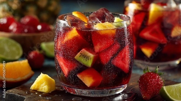 Fototapeta Refreshing Red Sangria with Assorted Fruits in Glass