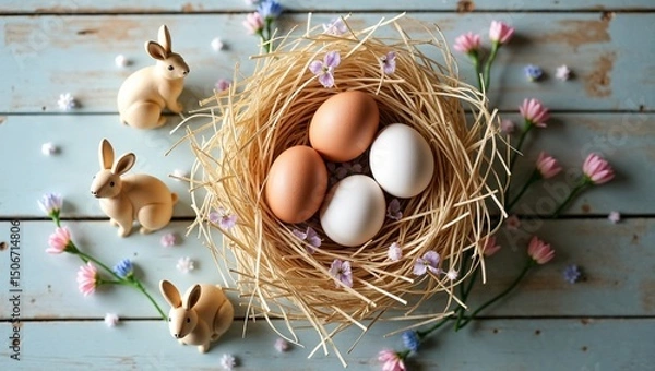 Fototapeta Rustic Easter Flat Lay with Natural Eggs, Wooden Bunnies, and Wildflowers on Wooden Table

