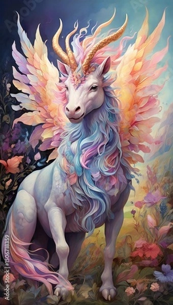 Fototapeta A winged unicorn, a peaceful and strange chimera creature.