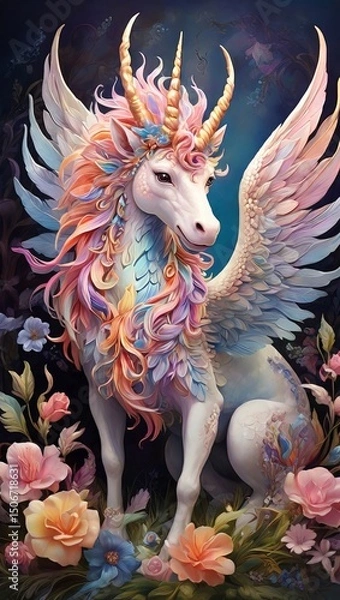 Fototapeta A winged unicorn, a peaceful and strange chimera creature.