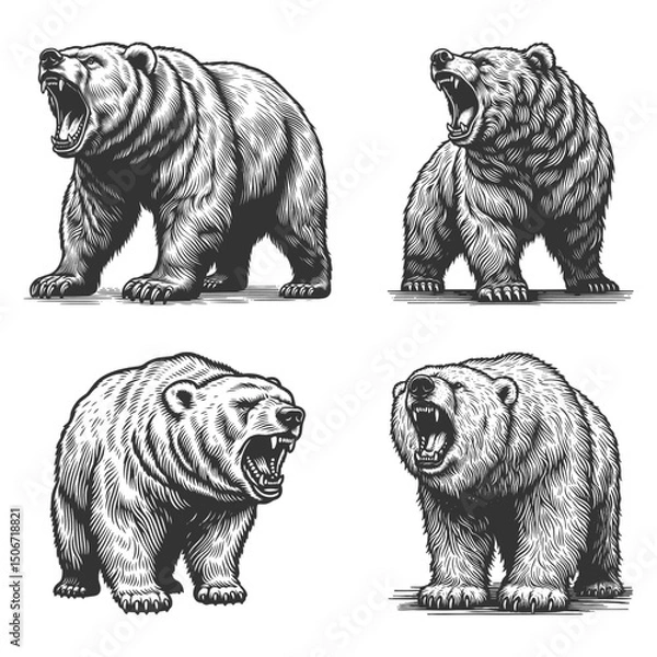 Obraz Roaring Bear Set collection bundle sketch engraving generative ai vector illustration. Scratch board imitation. Black and white image.