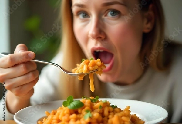 Fototapeta A close-up of a person’s facial expression while about to eat a delicious meal — anticipation, excitement, hunger — well-lit setting with visible food on fork or spoon, clean background