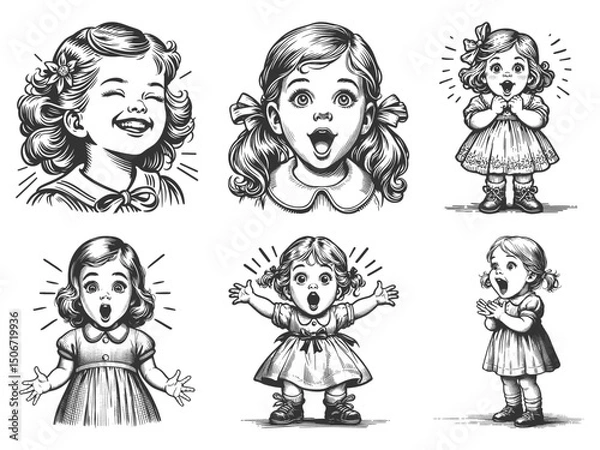 Fototapeta Surprised and Joyful Little Girl Set collection bundle sketch engraving generative ai vector illustration. Scratch board imitation. Black and white image.