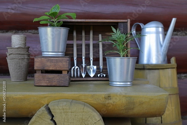 Fototapeta On a yellow wooden bench in front of a log wall are metal pots with flower plants, next to gardening tools and a yellow wooden barrel with metal watering can on it. Floriculture and gardening concept.