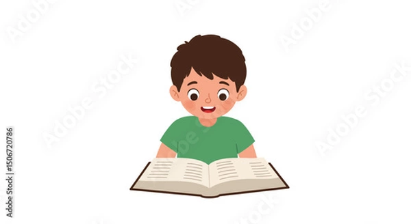 Fototapeta Cartoon Boy Reading an Open Book with a Happy Expression