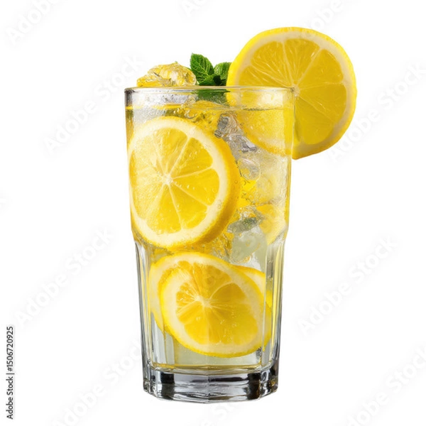 Fototapeta Refreshing Lemonade Drink with Lemon Slices and Mint in Glass