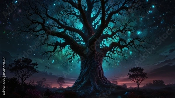 Fototapeta  a towering tree-like being with glowing