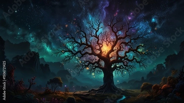 Fototapeta  a towering tree-like being with glowing