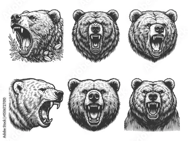 Fototapeta Roaring Bear Set collection bundle sketch engraving generative ai vector illustration. Scratch board imitation. Black and white image.