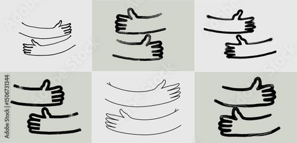 Fototapeta Set of hug hands doodle outline hand drawn logo icon sign Cute brush stroke. Collection of grunge bold brush drawn line vector. Black ink dirty texture. Vector black hand drawn logo illustration.
