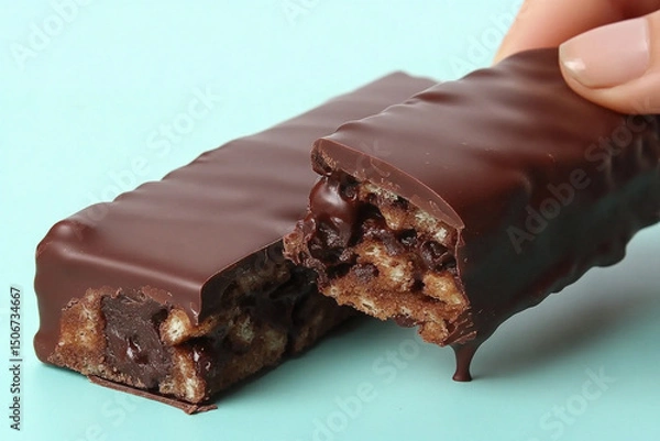 Obraz Person enjoying a chocolate-covered treat by taking a bite during a casual moment