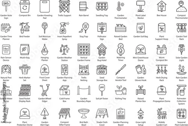 Obraz Gardening Tools and Equipment Icons, Outline Vector Illustration