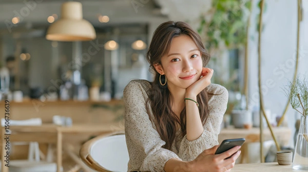 Fototapeta カフェでスマホを使う若い女性