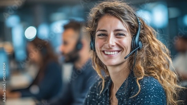 Obraz Call center, agent and woman with headset, listening and communication with microphone, online and happy. Office, customer service and person with tech for order, talking or representative with smile