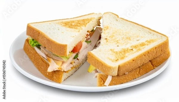 Fototapeta Turkey club sandwich on plate isolated on white background with clipping path for lunch or cafe concept