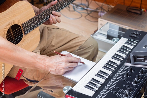 Obraz male composer writing a song on paper while playing acoustic guitar in home studio. songwriting or music education concept