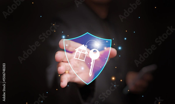 Fototapeta Real estate, house, or property insurance concept. A man holding house with key icon behind a shield, symbolizing coverage that protects against various risks
