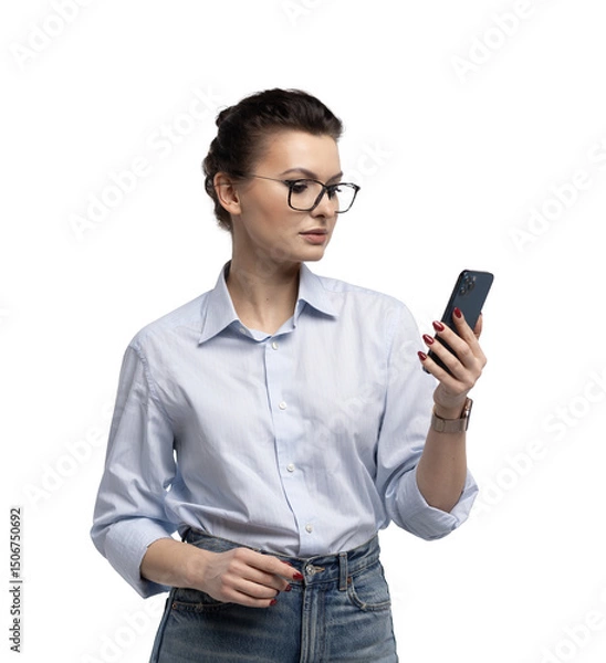 Fototapeta Smiling business woman in eyeglasses holding smartphone and using over transparent background