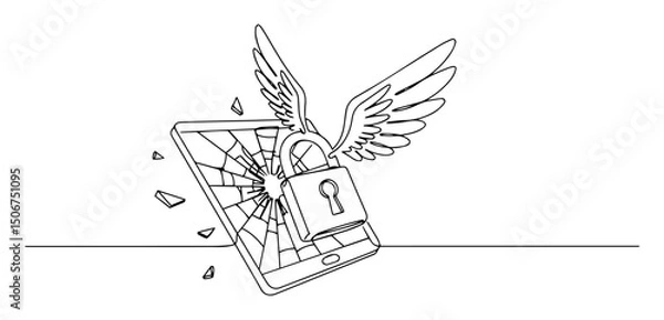 Fototapeta smartphone with broken screen and flying padlock icon