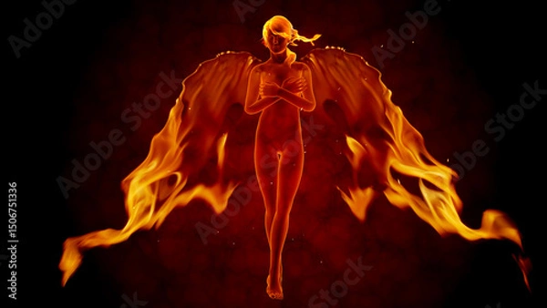 Fototapeta  Fiery girl with flaming wings. 3d render and real fire flames.