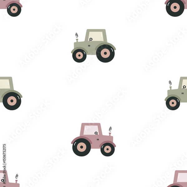 Fototapeta Seamless pattern with tractor. Kids background. For card, posters, banners, books, printing on the pack, clothes, fabric, wallpaper, textile or dishes.
