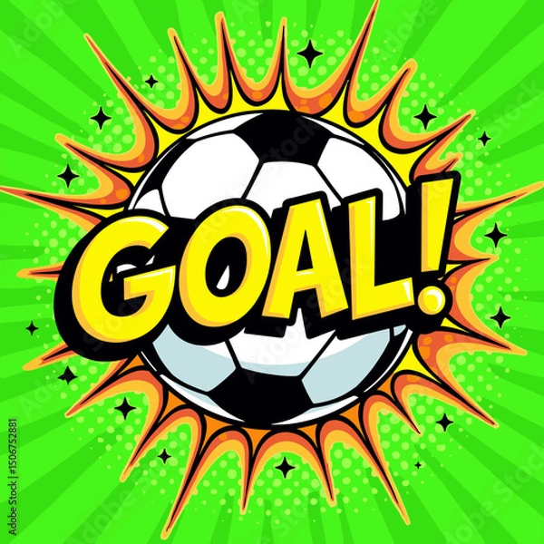 Fototapeta Vector pop art style illustration of a large soccer ball with the word GOAL on a green burst background, perfect for football-themed content